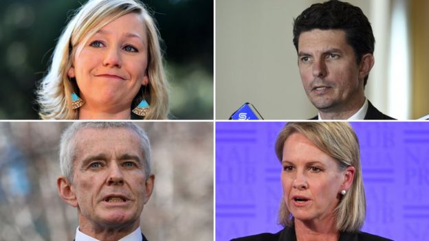 A composite image of disqualified senators Larissa Waters, Scott Ludlam, Fiona Nash and Malcolm Roberts