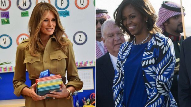 Melania Trump in a safari dress and Michelle Obama in a dress and jacketImage copyright