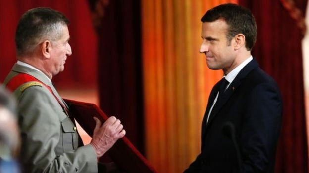 Emmanuel Macron (R) was presented with a necklace formally owned by Napoleon I
