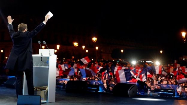 Mr Macron's supporters gathered in their thousands to celebrate outside the Louvre