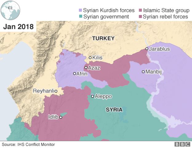 Map showing control of north-western Syria around Afrin (23 January 2018)