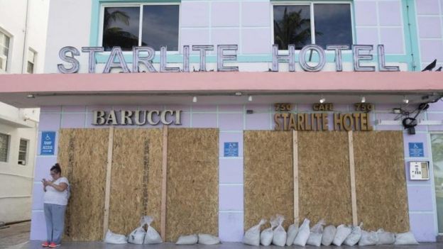 A boarded-up hotel in Miami Beach, Florida