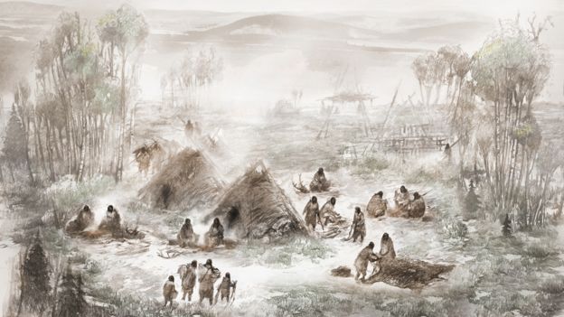 Una ilustración que muestra como habrían vivido los "beringios" en Upward Sun River. Ilustración: Eric. S. Carlson.