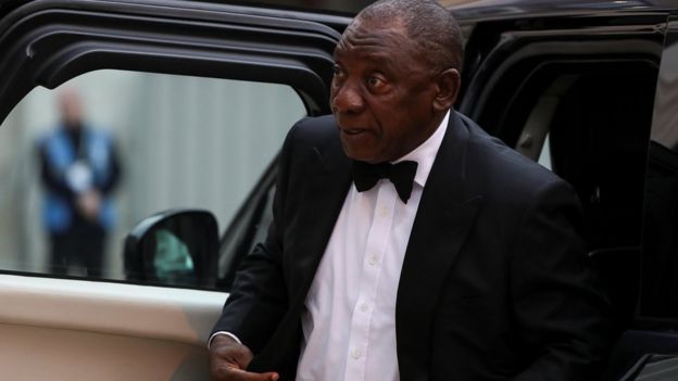 South Africa's President Cyril Ramaphosa arrives at the Commonwealth Business Forum Banquet at the Guildhall in London, 17 April 2018