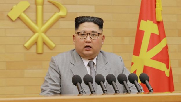 North Korea's leader Kim Jong Un speaks during a New Year's Day speech in this photo released by North Korea's Korean Central News Agency (KCNA) in Pyongyang on January 1, 2018.