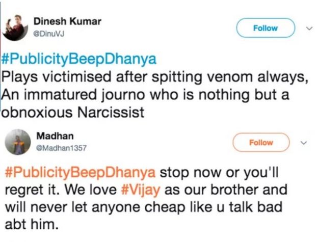 நடிகர் விஜயின் திரைப்படைத்தை விமர்சித்த பெண் பத்திரிகையாளருக்கு டிவிட்டரில் தொடரும் தாக்குதல்