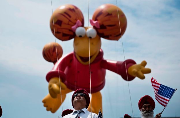 Members of the Sikh community march in a parade to celebrate the US Independence Day on July 4, 2017 in Washington, DC