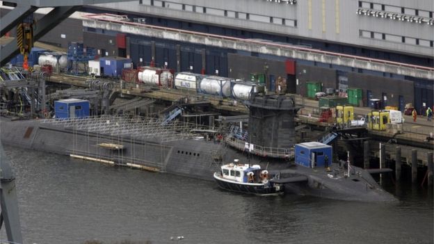 A trident submarine is pictured with a long lens at the Faslane naval base, Scotland