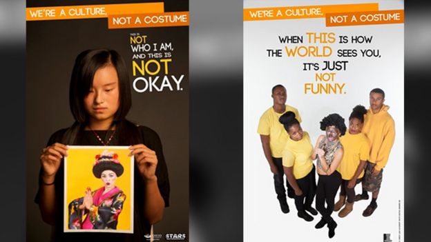 Two posters showing examples of Ohio University’s Students Teaching About Racism in Society costume campaign