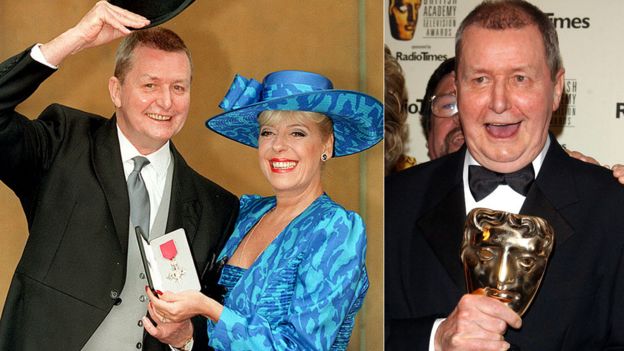 Tony Warren with Julie Goodyear in 1994 and with a Bafta award in 2004