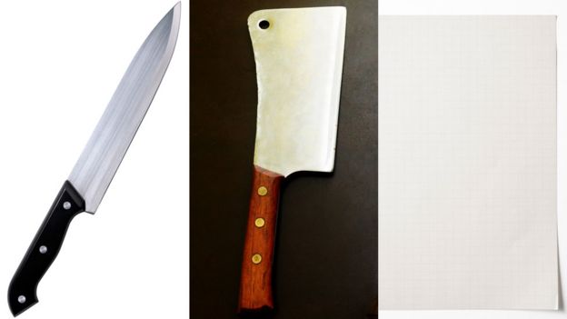 Cuchillo de cocina, de carnicero y hoja de papel