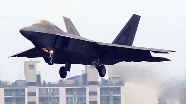 A US Air Force F-22 Raptor lands at Gwangju airbase, South Korea, 16 May 2018