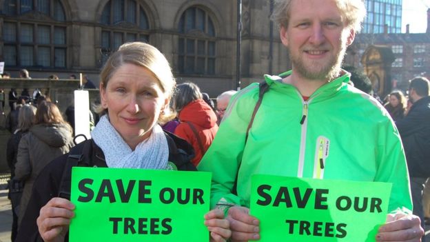 Councillor Alison Teal and Rob Cole at the Save Our Trees demonstration outside Sheffield Town Hall. in February