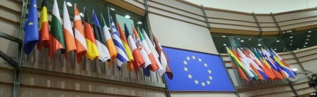 EU flag and the flags of EU members in the European Parliament