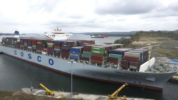 Chinese container ship in the Panama Canal