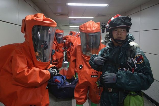 Emergency services personnel wearing protective clothing participate in an anti-terror and anti-chemical terror exercise as part of the 2016 Ulchi Freedom Guardian (UFG) at Yeoui subway station on August 23, 2016 in Seoul, South Korea.