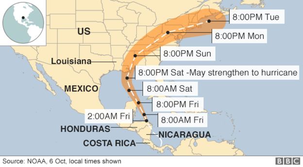 Map showing predicted path of Storm Nate