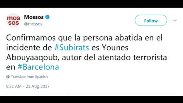 Tuit de la policía catalana confirmando la muerte de Younes Abouyaaqoub