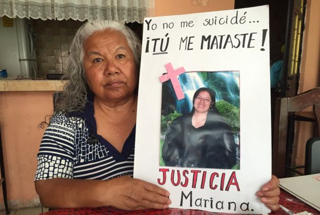 Irinea Buendia with a picture of her daughter Mariana and writing in Spanish around it