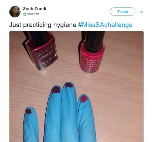 Tweet with latex gloves and nail polish on them saying 'just practicing hygiene'