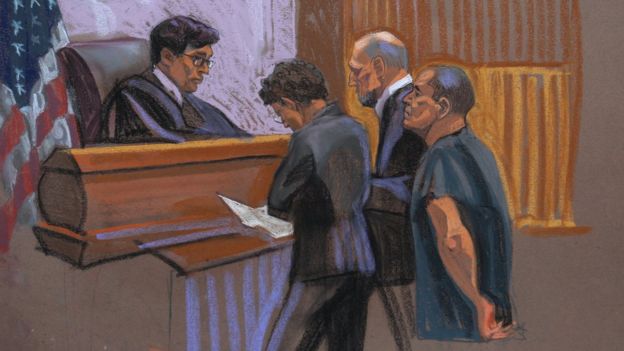 Ilustración de Guzmán compareciendo ante la Corte de Nueva York