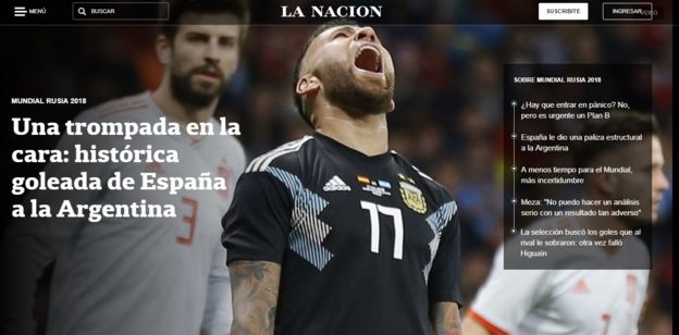 La portada de La NaciÃ³n tras la goleada de EspaÃ±a a Argentina