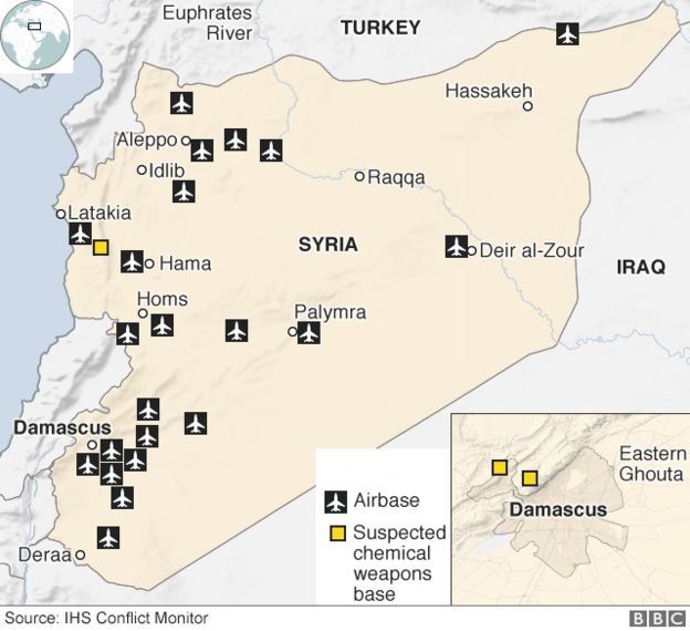 Map showing airbases in Syria and suspected chemical weapons bases