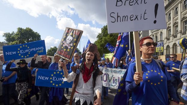 Pro-EU demonstrators march through central London during the People's March for Europe against Brexit on September 9, 2017. Thousands joined the pro-EU march calling on politicians to 'unite, rethink and reject Brexit'.