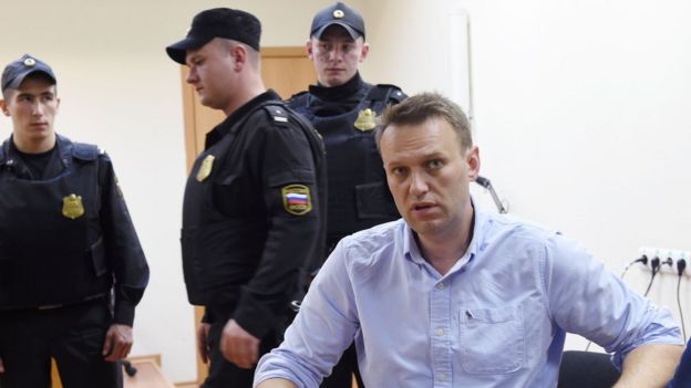 Russian opposition leader Alexei Navalny speaks after a hearing in a court in Moscow, late on June 12, 2017