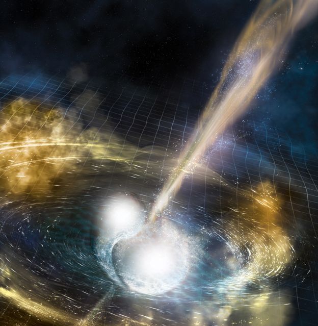 Bütünleşen nötron yıldızları uzay-zamanda dalgalanıyorlar (sanat çalışması)