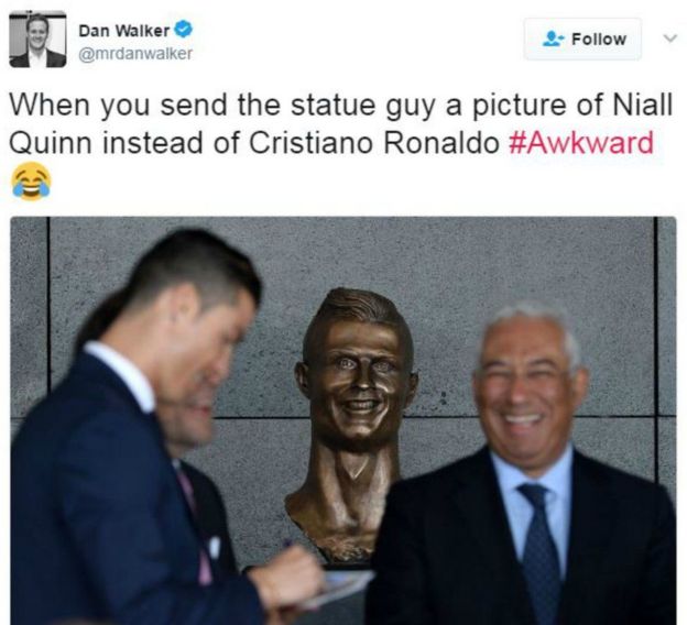 Salah seorang pengguna Twitter, mengolok-olok dengan mengatakan patung itu lebih mirip Niall Quinn.(@MRDANWALKER)