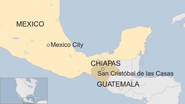 Map of southern Mexico, showing Chiapas state