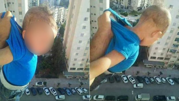 Foto de niño colgando por la ventana publicada en Facebook