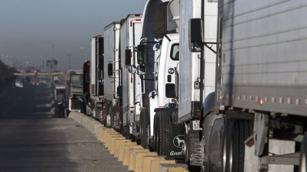 Trucks line up to cross the border with the United States at Otay Mesa Commercial Port of Entry in Tijuana, Mexico on January 22, 2018.