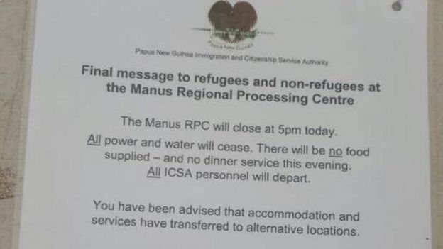 A notice at Manus Island detention centre telling detainees water and power will be cut off