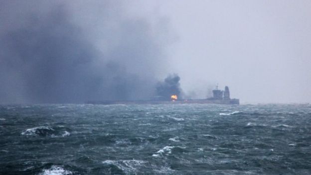 Burning oil tanker in the East China Sea. Photo: 9 January 2017