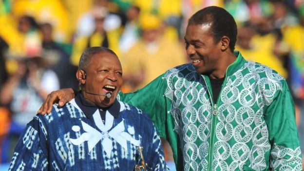 South African trumpeter Hugh Masekela (L) and Nigerian singer Femi Kuti performing during the opening ceremony of the 2010 FIFA World Cup at Soccer City stadium in Soweto, suburban Johannesburg