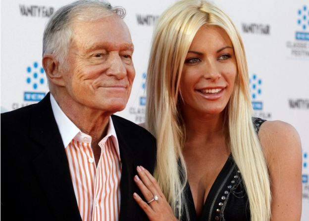 Hugh Hefner and his then fiancee, Playboy Playmate Crystal Harris, in 2011