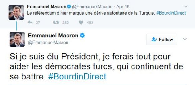 Macron, 16 Nisan'daki referandumdan sonra attığı tweetlerinde, Türkiye'nin otoriterliğe sürüklendiğini belirtti ve 
