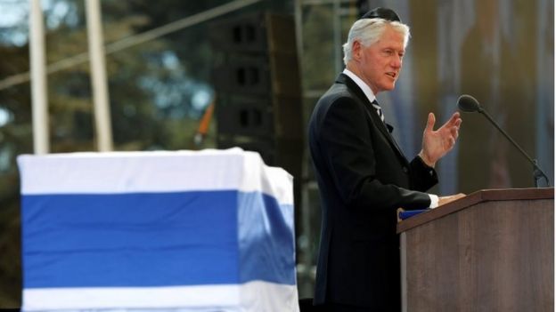 Former US president Bill Clinton delivers a speech at the funeral ceremony for Shimon Peres in Jerusalem, Israel, 30 September 2016.