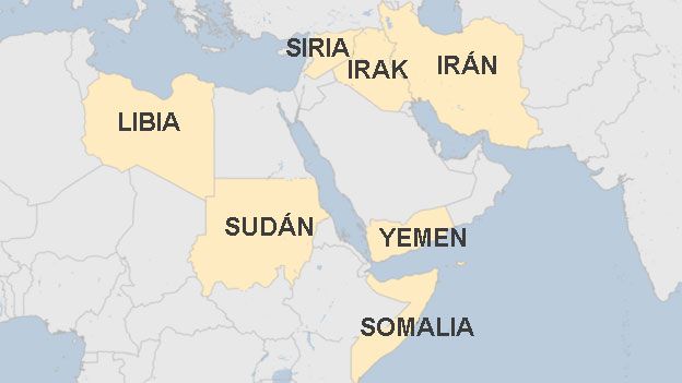 Mapa con los 7 países incluidos en la prohibición