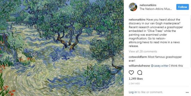 Post no Instagram do Museo Nelson-Atkins da cidade de Kansas (EUA) informa sobre a descoberta do gafanhoto na obra de sua coleção