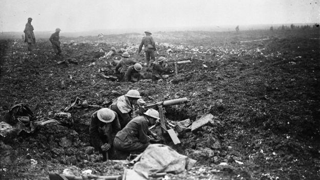 Canadian machine Gunners dig into shell holes at Vimy Ridge, Pas-de-Calais, France, April 1917