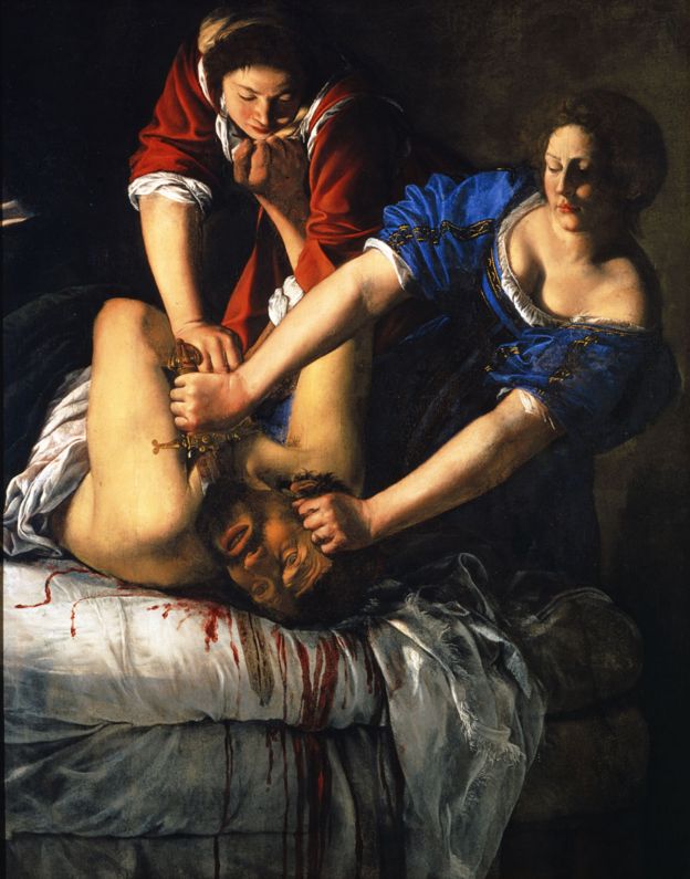 "Giuditta che decapita Oloferne" (Judith decapitando a Holofernes), de Artemisia Gentileschi, de 1620-21 ca. Óleo sobre lienzo, 199 x 162.5 cm.
