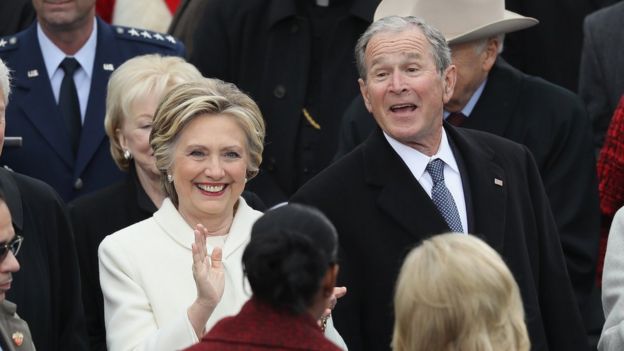 Former Democratic presidential nominee Hillary Clinton and former President George W. Bush greet Michele Obama and Jill Biden at the West Front of the U.S. Capitol on January 20, 2017 in Washington, DC