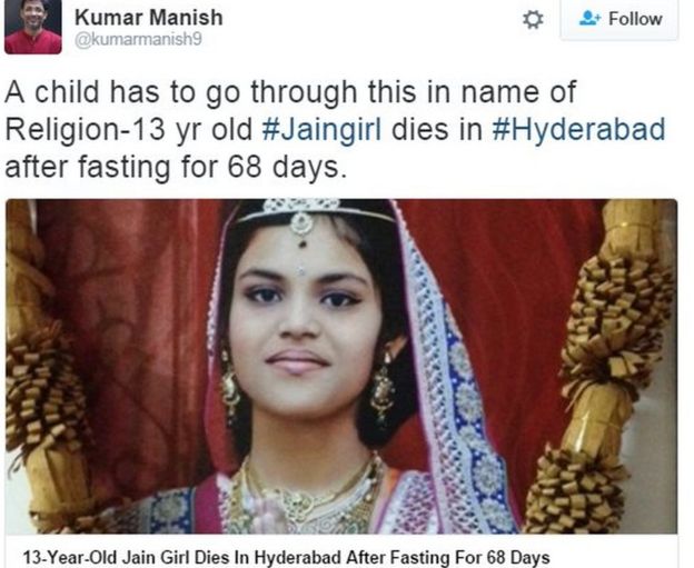 A child has to go through this in name of Religion-13 yr old #Jaingirl dies in #Hyderabad after fasting for 68 days.