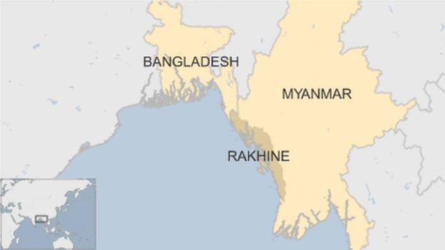 map of Myanmar showing Rakhine region and neighbouring Bangladesh