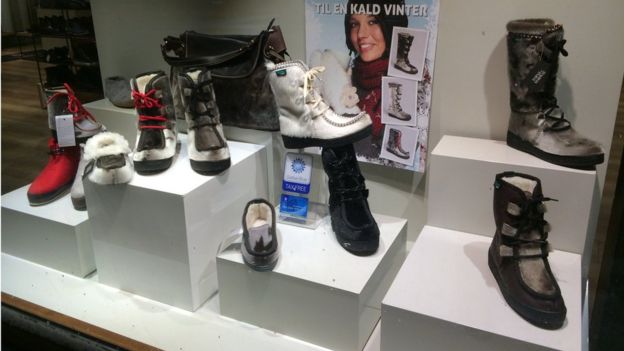 Seal skin boots on sale at a shop in Tromso, Norway
