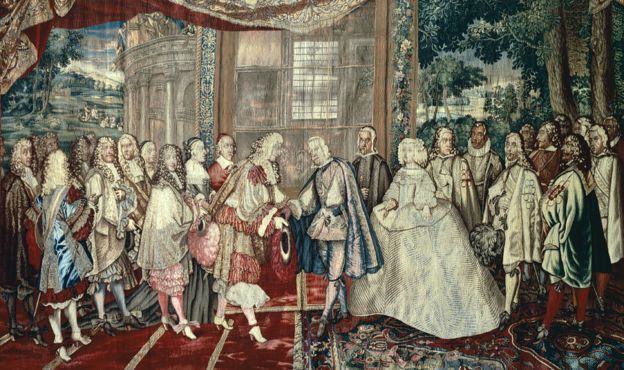 Meeting of Philip IV of Spain and Louis XIV of France at Pheasant Island, June 6, 1660, 17th century French tapestry by Jean Mozin's workshop, manufacture of Gobelins, 1665-80, from the series Story of the King