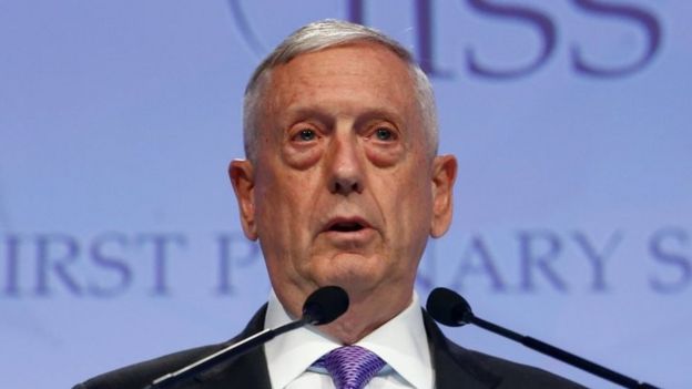 US Defence Secretary James Mattis speaks at the Shangri-La Dialogue forum in Singapore. Photo: 3 June 2017